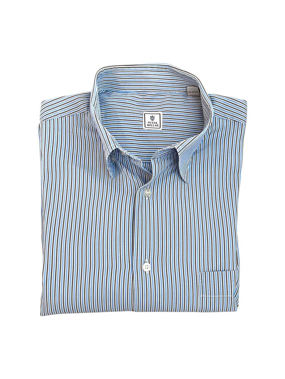 Peter Millar Men Blue Brown Striped Button Down Shirt MEDIUM